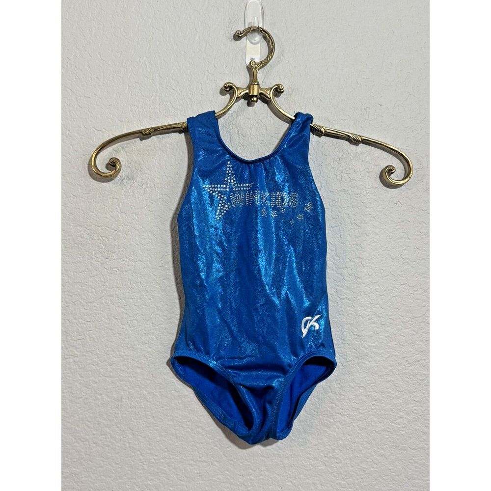 GK ELITE gymnastics Leotard‎ Girls CS Blue Metallic Winkids Crystal